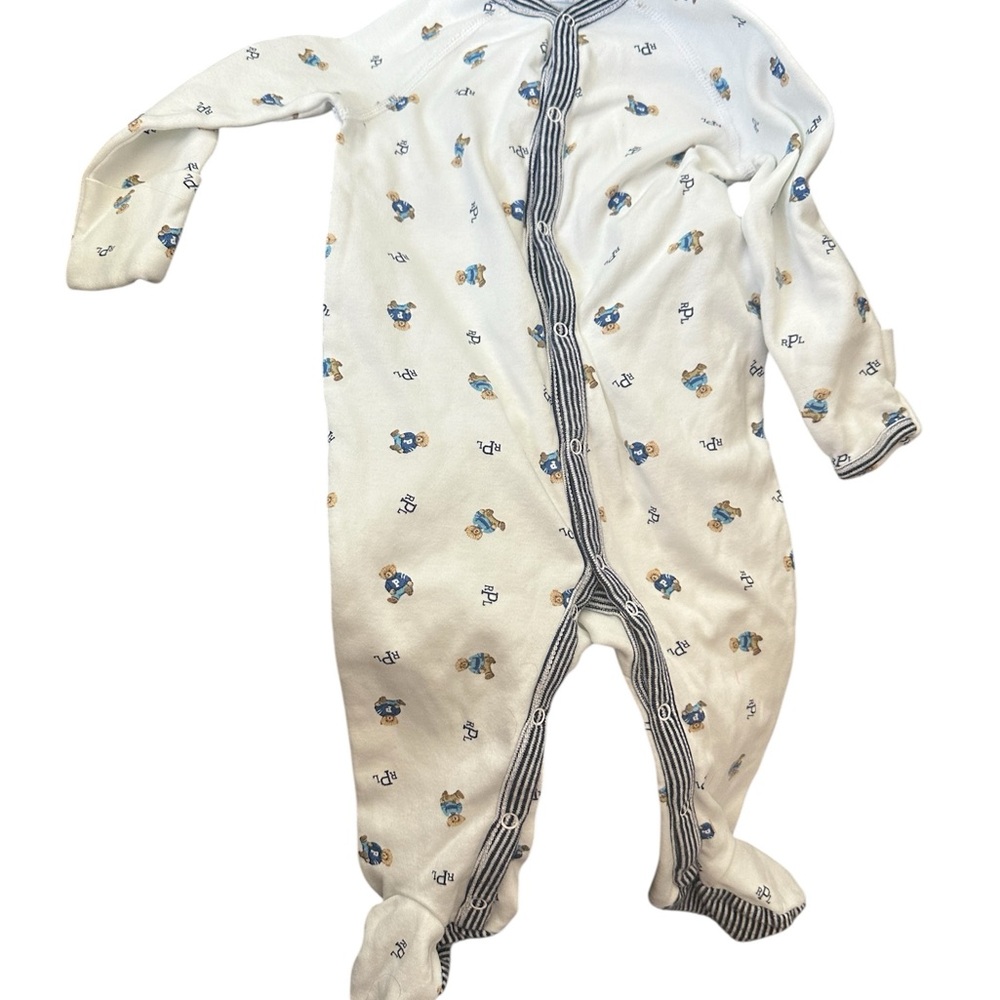 Ralph Lauren Polo Bear White Blue Footies Soft Long Sleeve One Piece 6 Mo